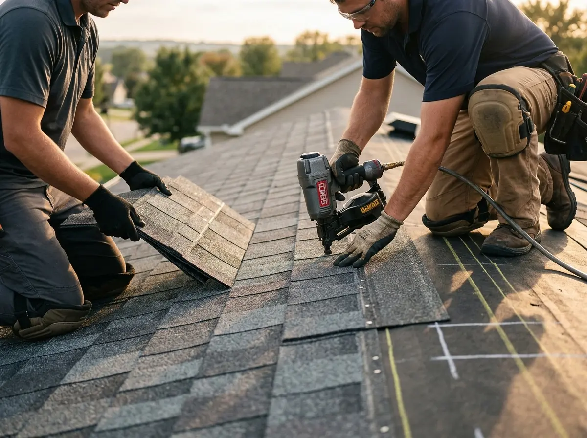 Professional roofer working on a residential roof in Delta